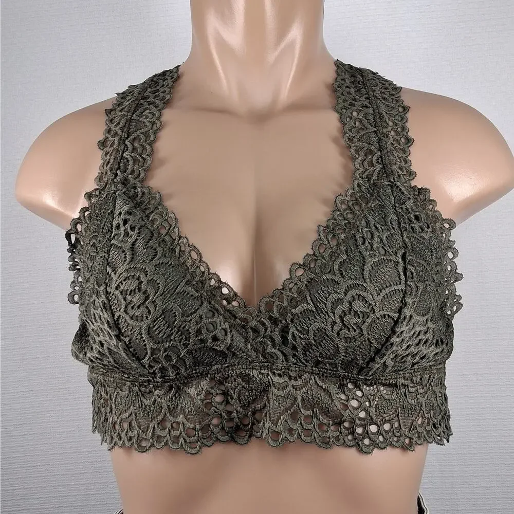Altar'd State Lace Bralette Women's‎ Medium Dark Olive Green Racer Back Lined
